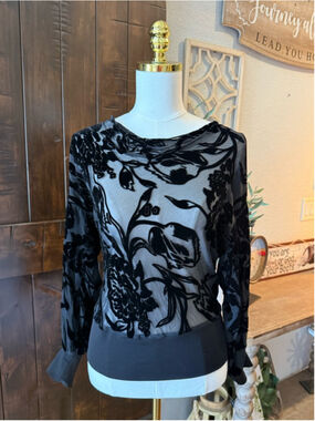 Vintage Cache Black Floral Burnout Sheer Top M | Y2K Dark Romantic Mesh Top